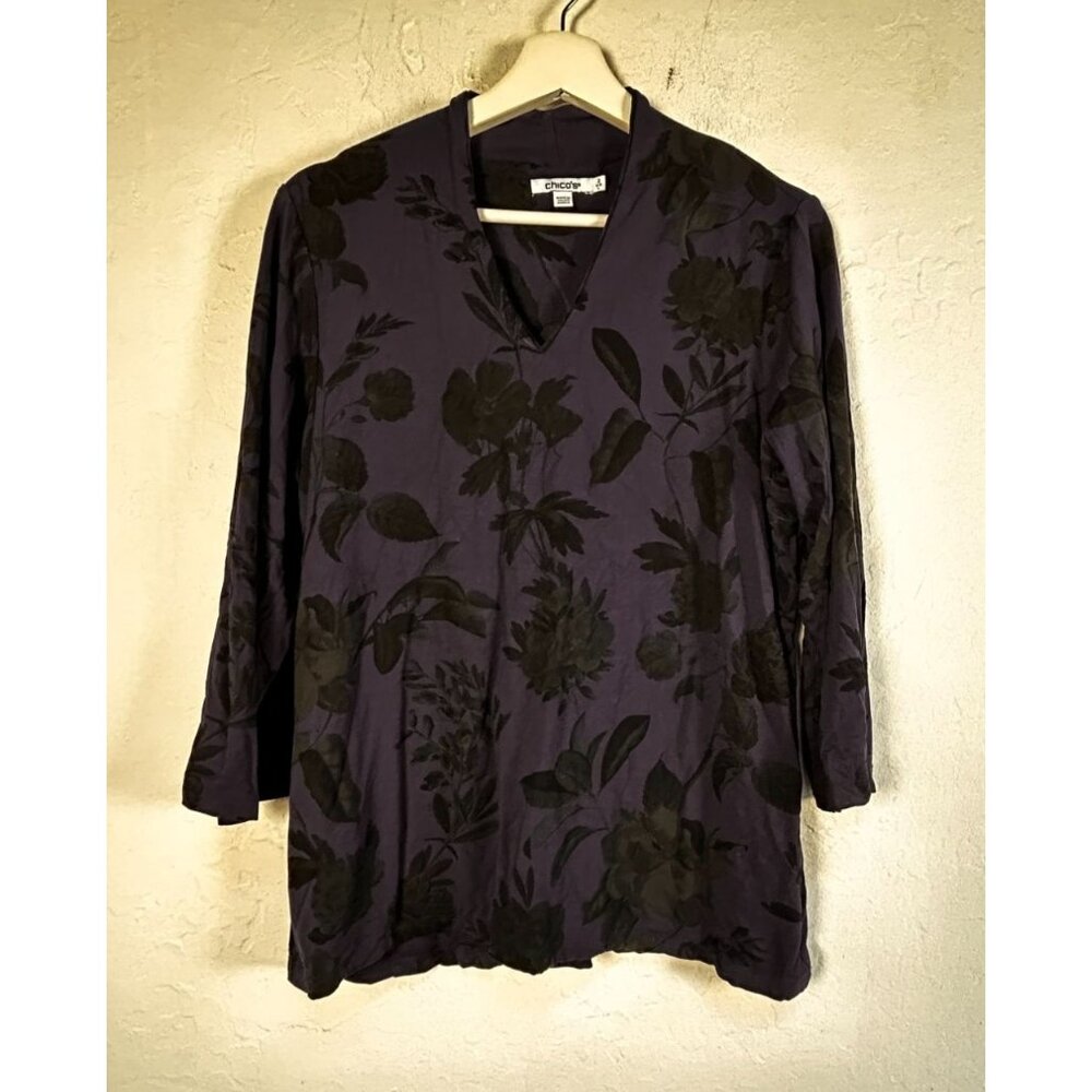 Chico's Womens Purple Black Floral 3/4 Sleeve V-Neck Top Size 2 US Large Casual